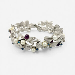 Vintage Silver Tone Leaf Pearl, Red Blue Purple Rhinestone Link Bracelet.